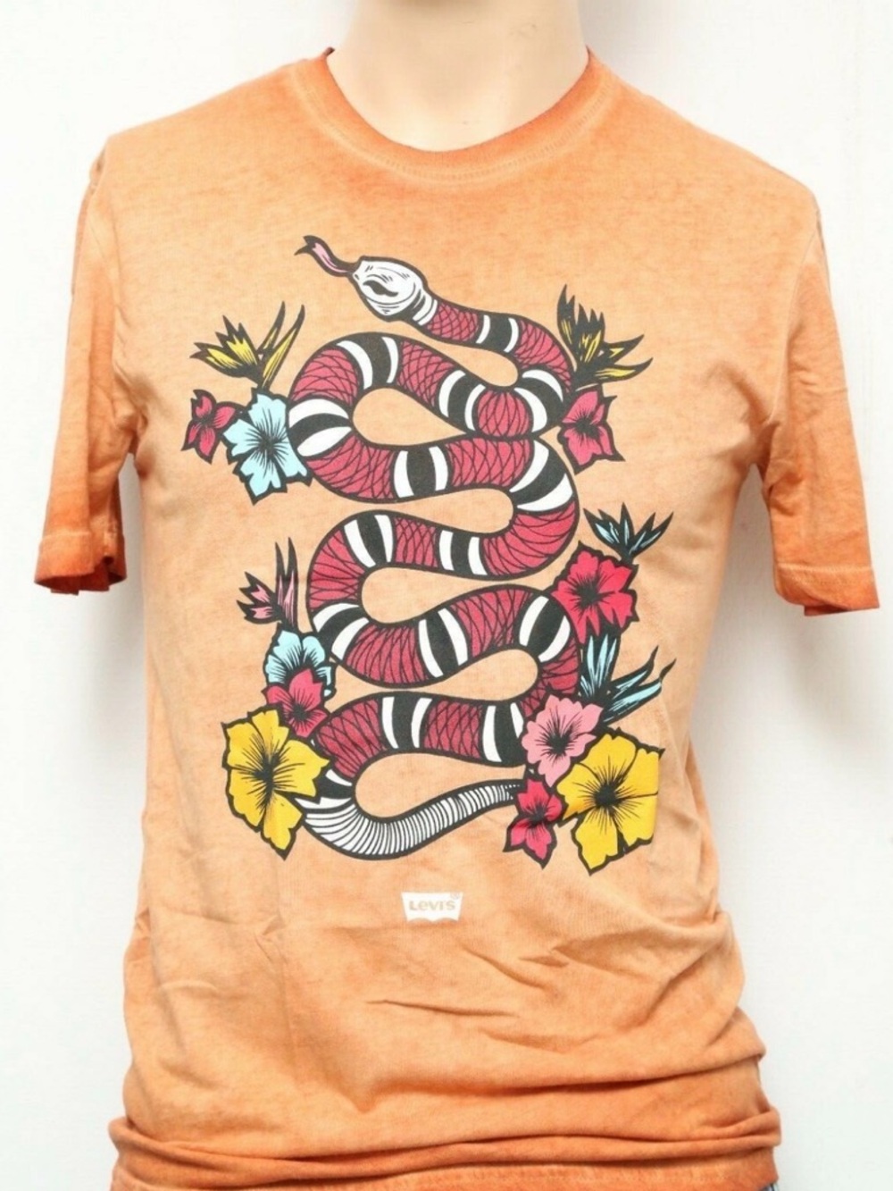 🎁Levi's Orange Graphic Tee with Red Snake and Yellow Floral Print